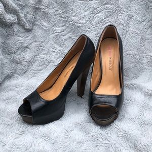 Open toe, black with wood heels